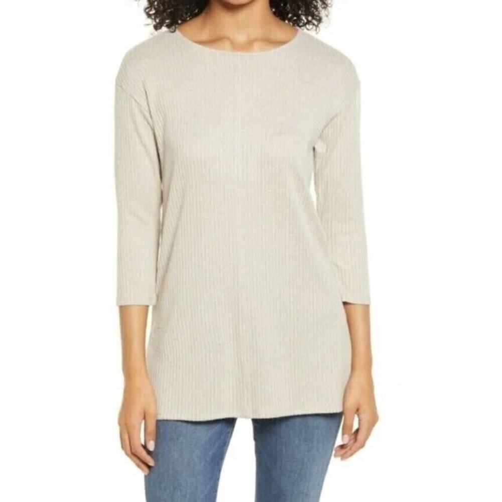 Bobeau Women's Ribbed Scoop Neck 3/4 Sleeve Tunic In Tan Xsmall MSRP‎ $49